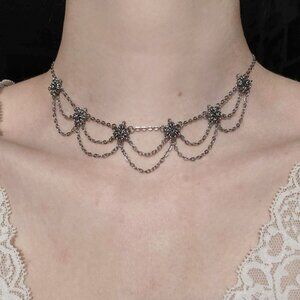 Gothic Victorian silver choker necklace with a small silver chain